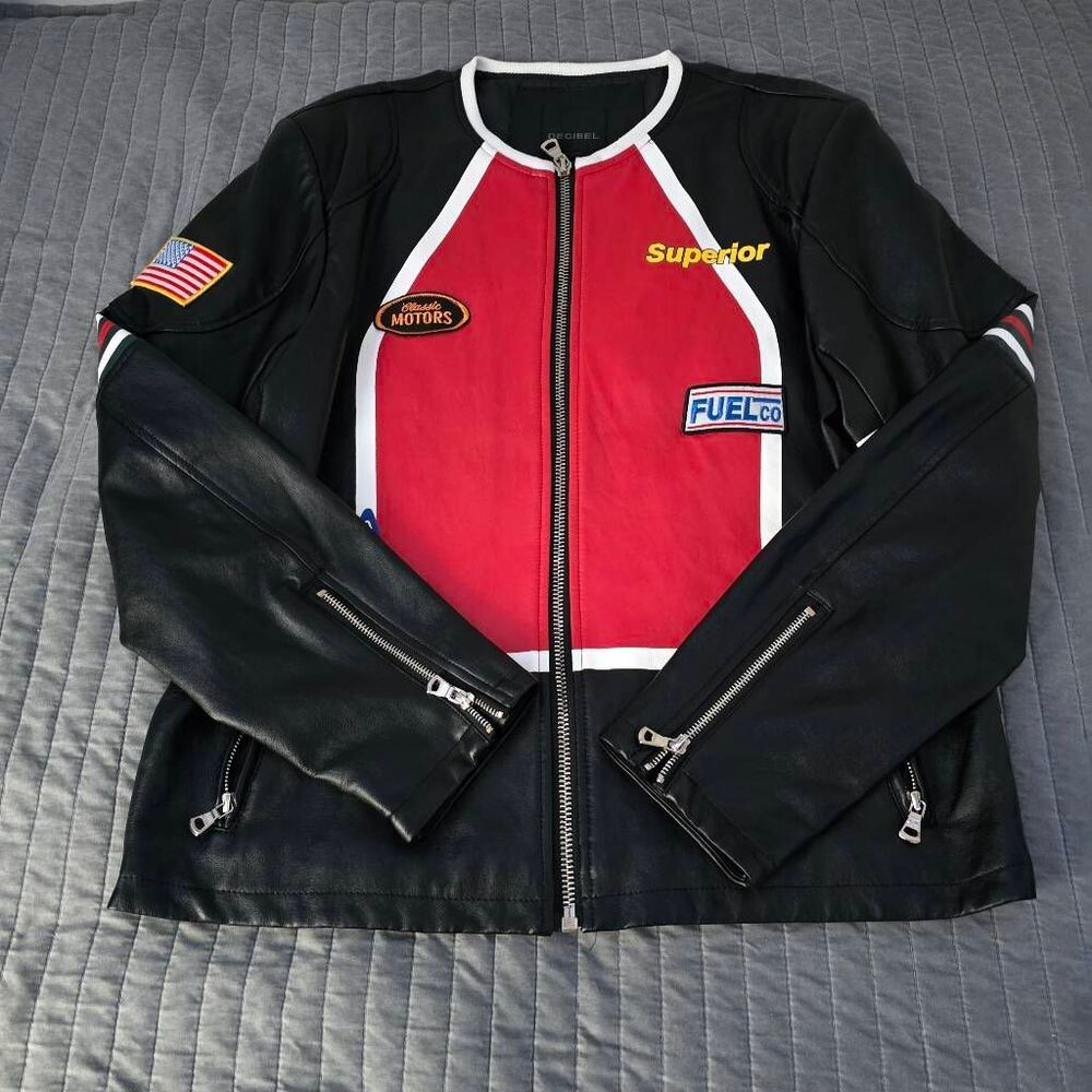 DECIBEL Men's Leather Biker Racing Jacket Size M Red Star Moto Patches Vintage